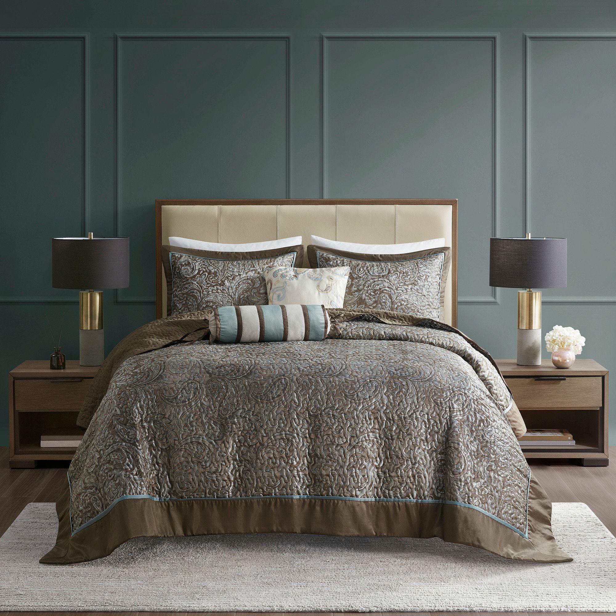 Madison Park Whitman 5-piece Jacquard Bedspread Set, Blue Brown