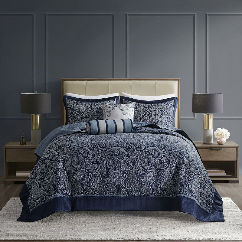 Madison Park 5pc Queen Whitman Reversible Jacquard Bedspread Set Navy