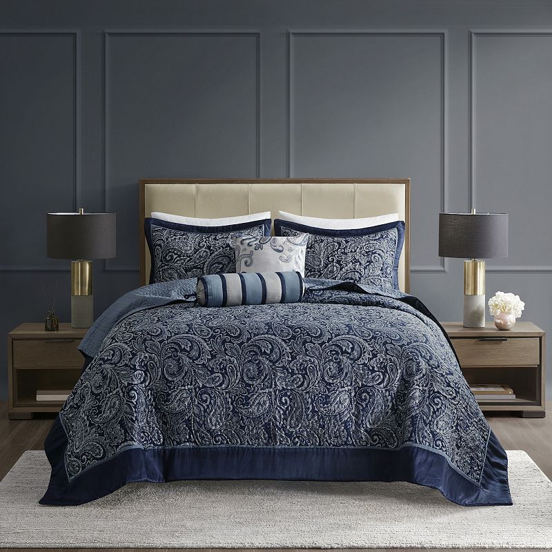 Madison Park Whitman 5-piece Jacquard Bedspread Set, Blue, King