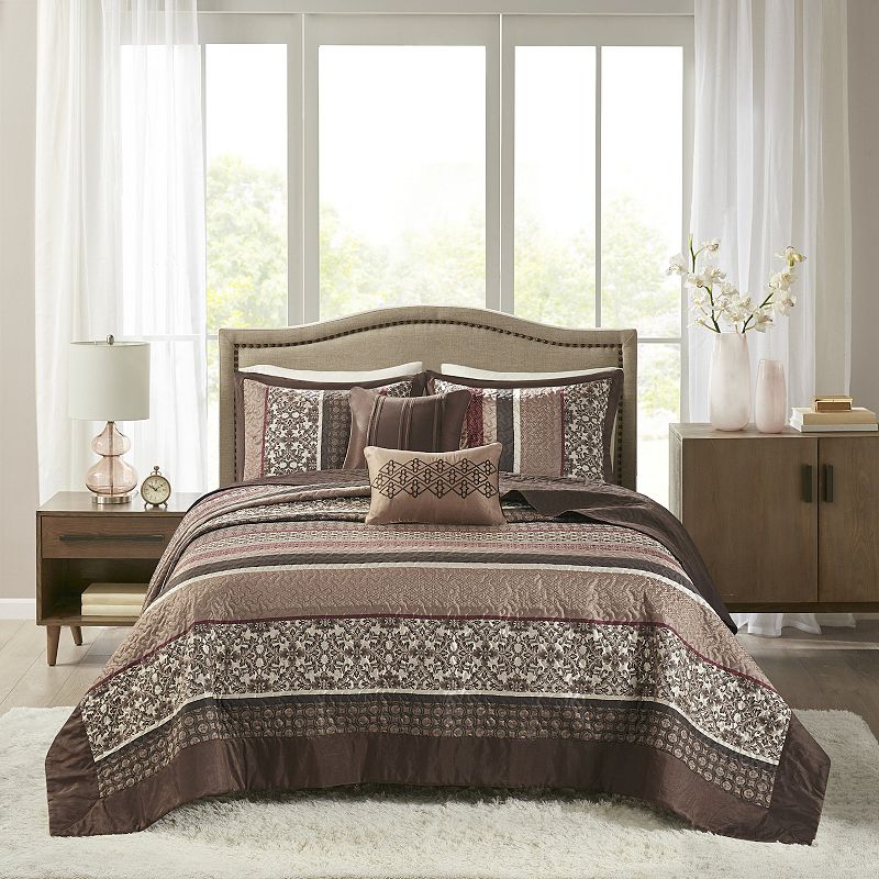 Madison Park Princeton 5-Piece Polyester Cotton Faux Silk Bedspread Set in Brown