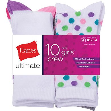 Girls Hanes® 10-pk. Polka-Dot, Stripe & Colorblocked Crew Socks
