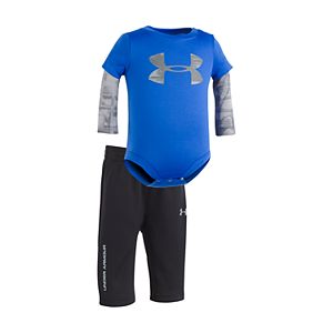 Baby Boy Under Armour Blue Cloudy Grid Slider Mock Layer Bodysuit & Bottoms Set