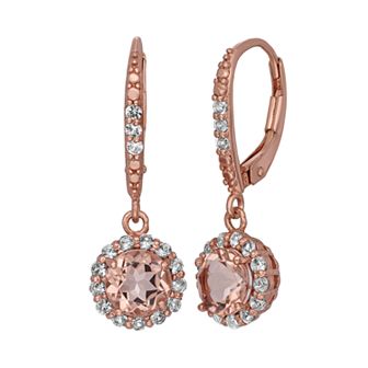 Designs by Gioelli Simulated Morganite and Lab-Created White Sapphire 14k Rose Gold Over Silver Halo Drop Earrings