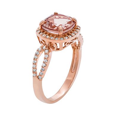 14k Rose Gold Over Silver Simulated Morganite and Lab-Created White Sapphire Halo Ring