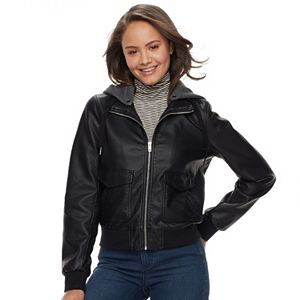Juniors' Sebby Fleece Hood Faux-Leather Bomber Jacket
