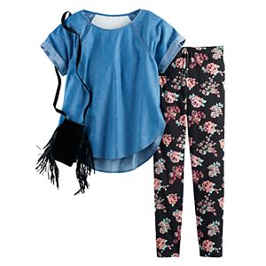 Girls 7-16 Self Esteem Chambray Lace Back Top & Floral Leggings Set with Fringe Crossbody Purse
