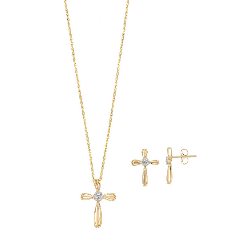 14k Gold Over Silver 1/10 Carat T.W. Diamond Cross Jewelry Set, Women's, Size: 18", Gold Tone