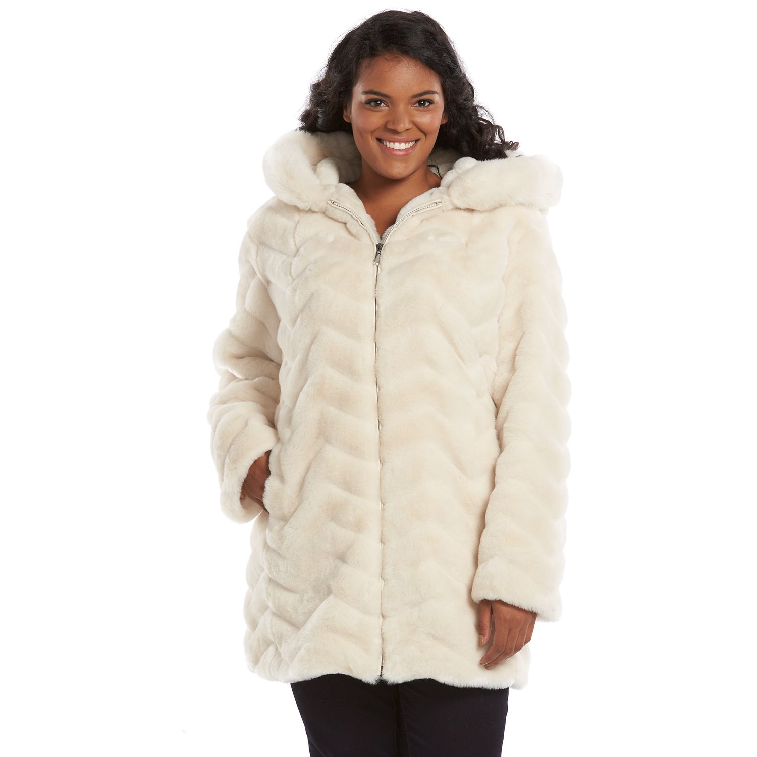 gallery hooded chevron faux fur coat