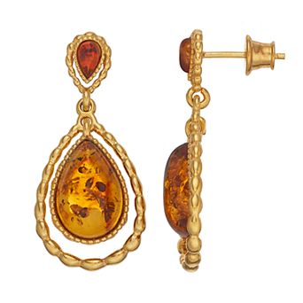 18k Gold Over Silver Amber Teardrop Earrings