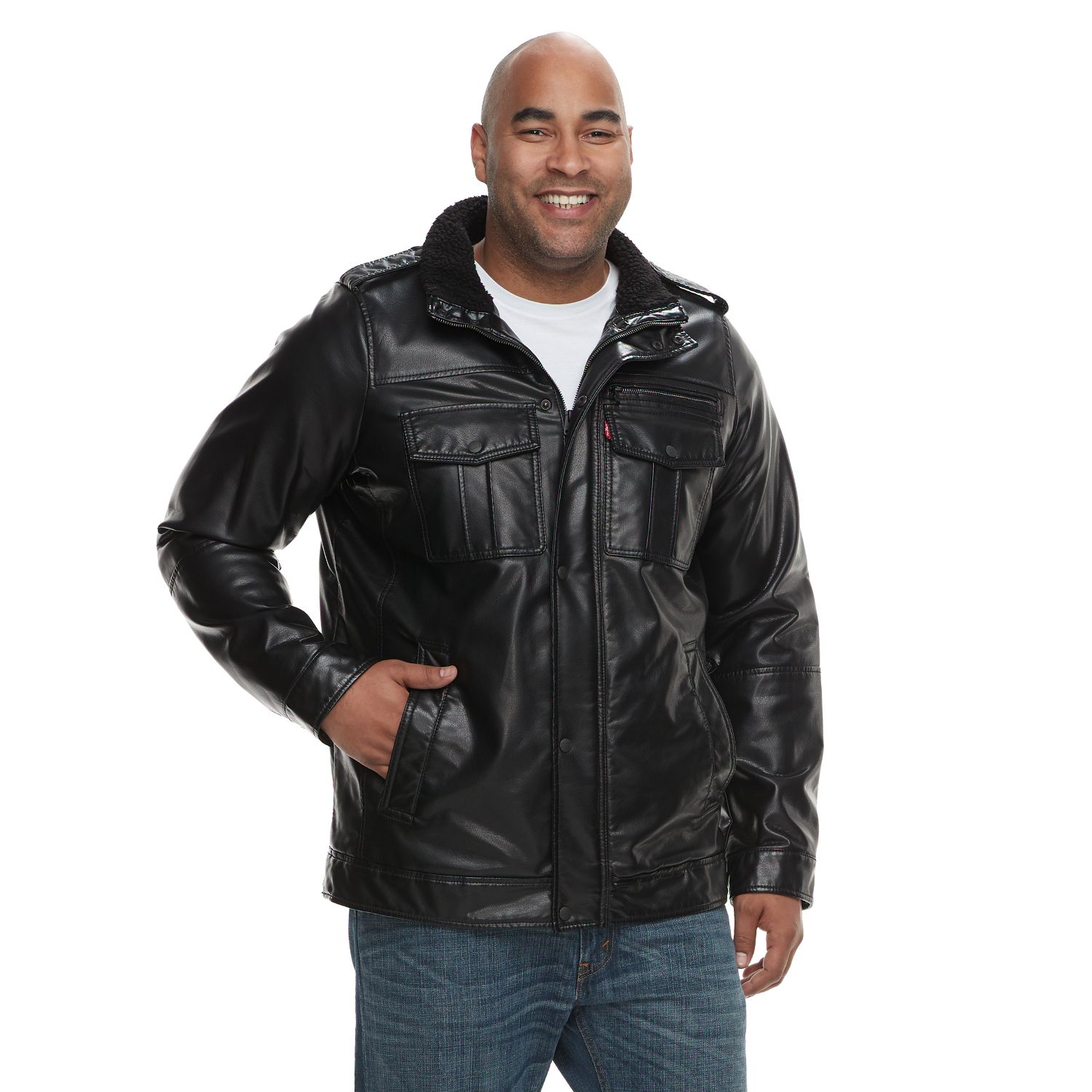 Sherpa-Lined Faux-Leather Trucker Jacket