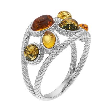 Sterling Silver Amber Cable Textured Ring