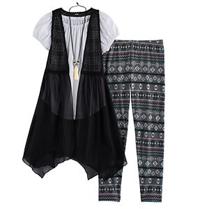 Girls 7-16 Knitworks Handkerchief Hem Vest, Peasant Top & Leggings Set with Necklace