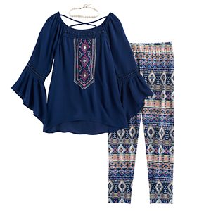 Girls 7-16 Knitworks Embroidered Tunic Top & Patterned Leggings Set with Choker Necklace