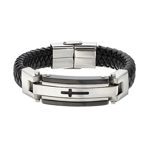 FOCUS FOR MEN Stainless Steel & Leather Men's Cross Bracelet