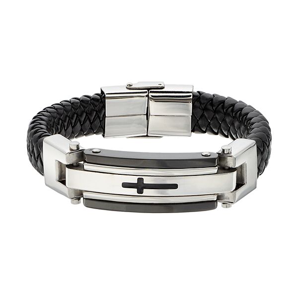 FOCUS FOR MEN Stainless Steel & Leather Men's Cross Bracelet