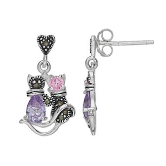 Tori Hill Sterling Silver Cubic Zirconia & Marcasite Cat Drop Earrings