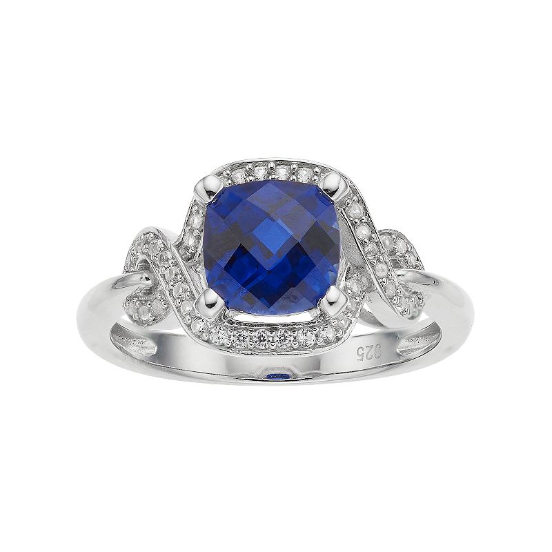 Sterling Silver Lab-Created Blue & White Sapphire Square Halo Ring, Womens