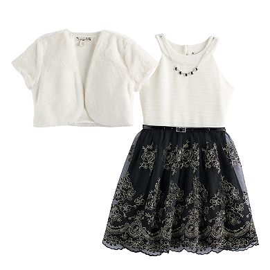 Girls 7-16 & Plus Size Knitworks Faux-Fur Bolero & Belted Textured Skater Dress with Necklace
