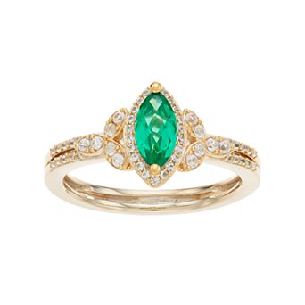 14k Gold Over Silver Lab-Created Emerald & White Sapphire Marquise Halo Ring