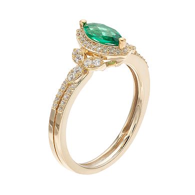 14k Gold Over Silver Lab-Created Emerald & White Sapphire Marquise Halo Ring