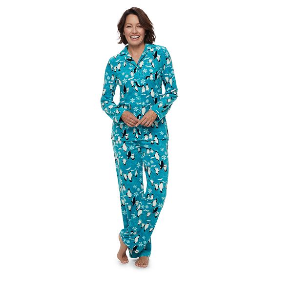 Women s Jammies For Your Families Penguin Pattern Button Front Sleep Top Bottoms Pajama Set