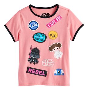 Girls 7-16 Star Wars Darth Vader, Princess Leia, R2-D2 & C-3PO Cartoon Graphics & Patches Tee