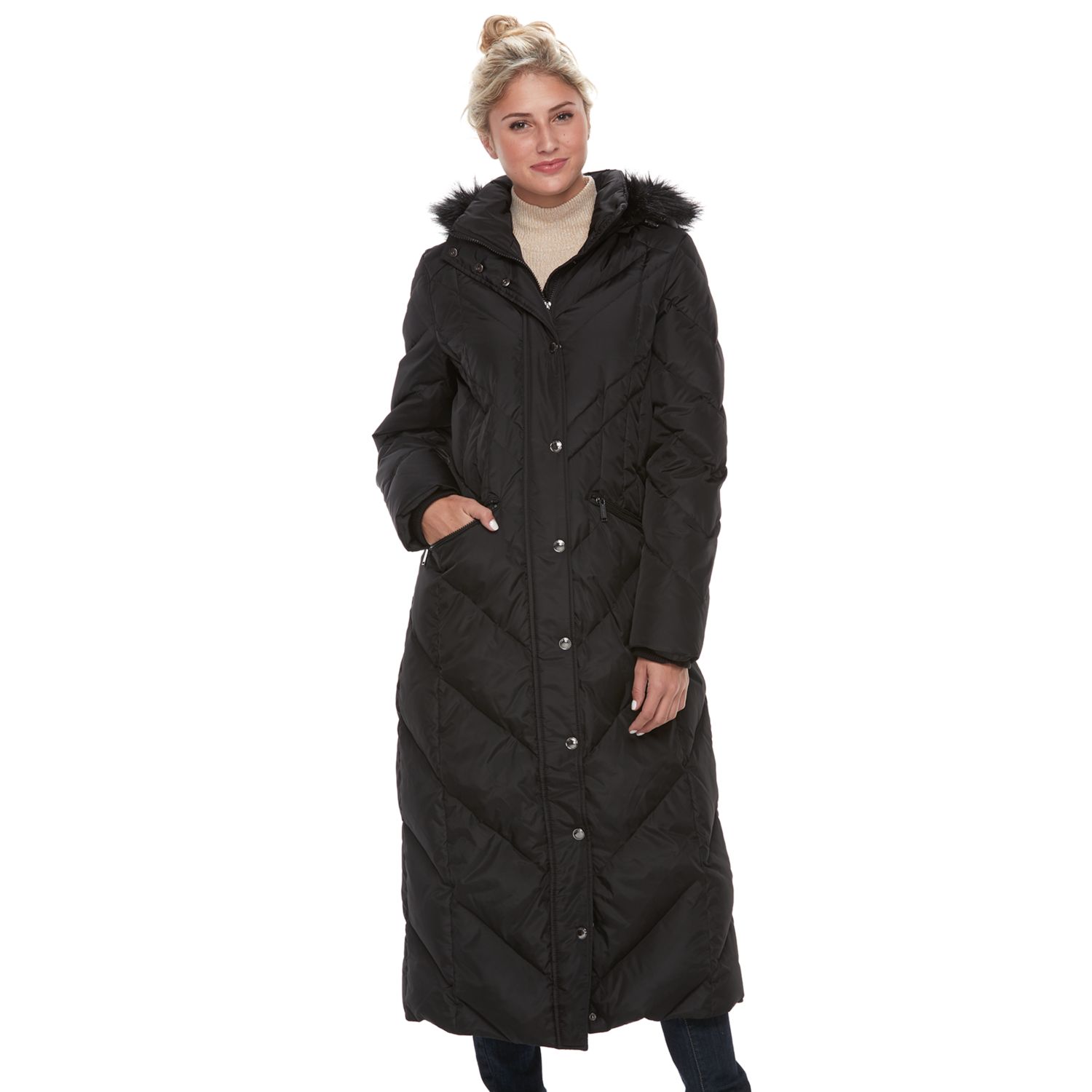 long puffer jacket with faux fur hood