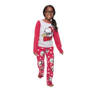 Girls 4-12 Jammies For Your Families Peanuts Snoopy & Woodstock Sledding Top & Microfleece Bottoms Pajama Set