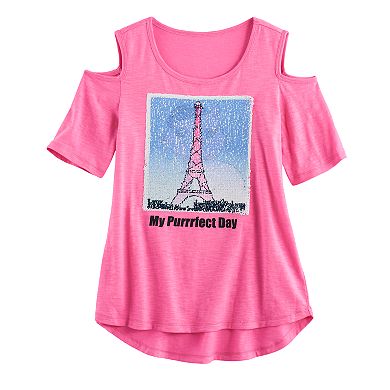 Girls 7-16 SO® Cold Shoulder Two-Way Sequin Tee