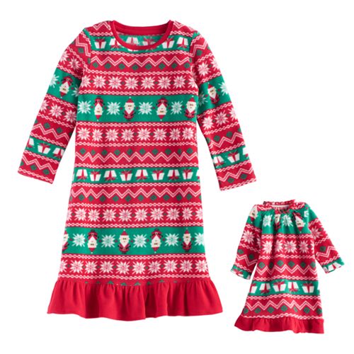 Toddler Girl Jammies For Your Families Santa Fairisle Microfleece Nightgown & Doll Gown Pajama Set