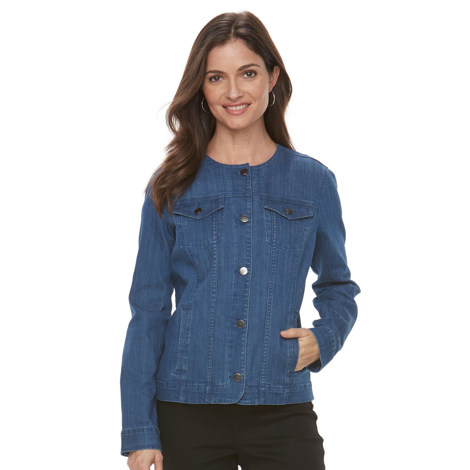 collarless denim shirt