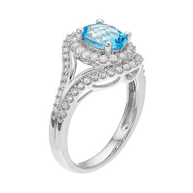 Sterling Silver Blue Topaz & Lab-Created White Sapphire Oval Halo Ring