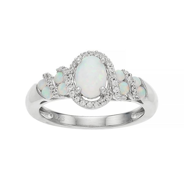 Sterling Silver Lab-Created White Opal & White Sapphire Oval Halo Ring