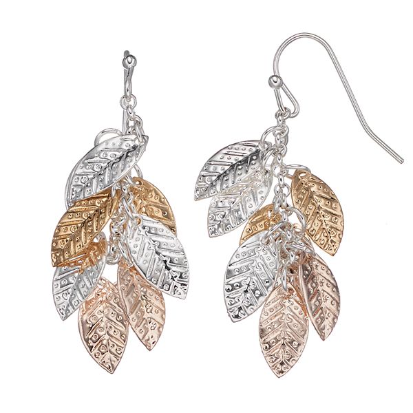 LC Lauren Conrad Tri Tone Leaf Cluster Nickel Free Drop Earrings