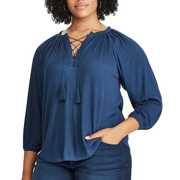 Plus Size Chaps Crinkled Crepe Peasant Top