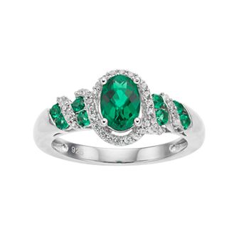 Sterling Silver Lab-Created Emerald & White Sapphire Oval Halo Ring