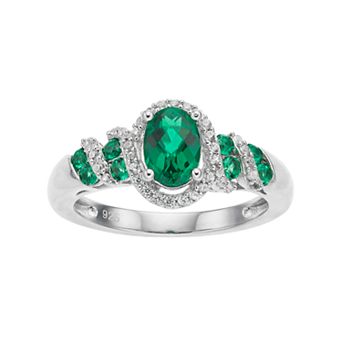 Sterling Silver Lab-Created Emerald & White Sapphire Oval Halo Ring