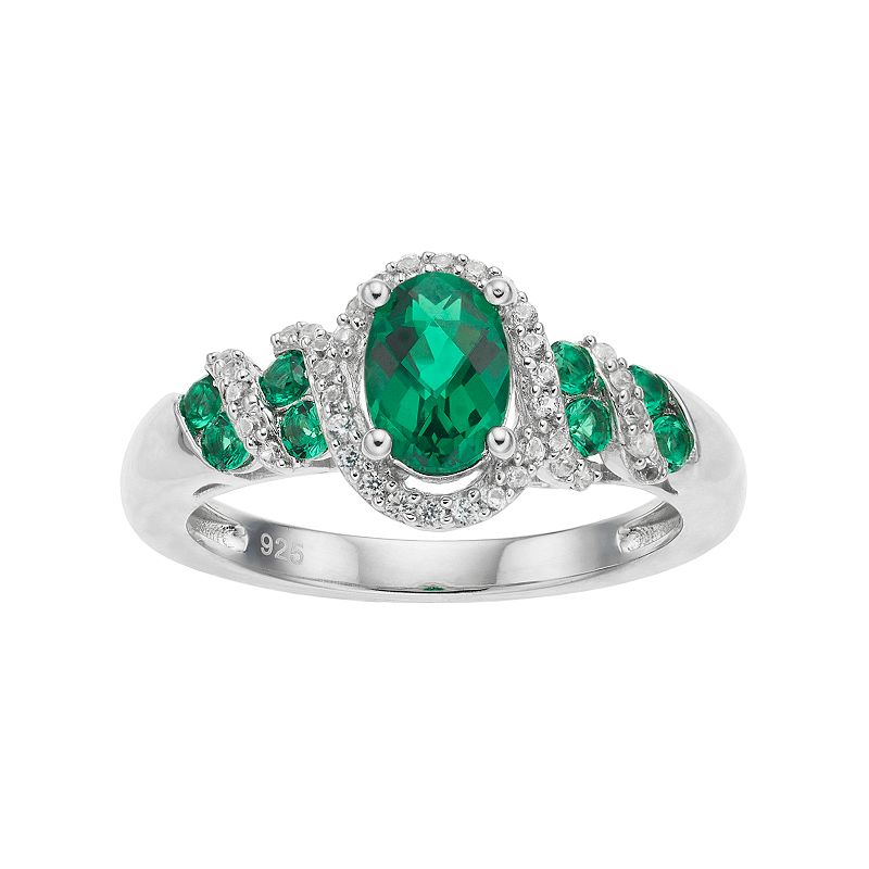 Sterling Silver Lab-Created Emerald & White Sapphire Oval Halo Ring, Women