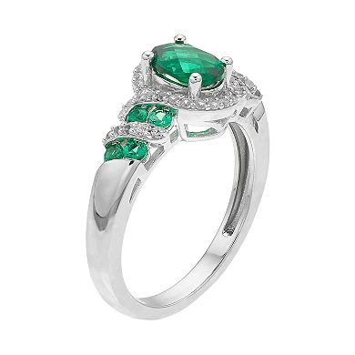 Sterling Silver Lab-Created Emerald & White Sapphire Oval Halo Ring