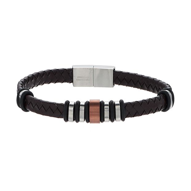 Men's Woven Stainless Steel and Black Leather Bracelet