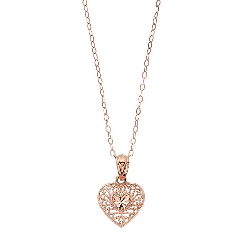 Charming Girl Kids' 10k Rose Gold Filigree Heart Pendant Necklace
