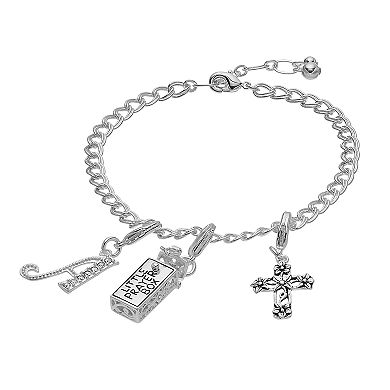 Silver Plated Crystal Cross, Prayer Box & Initial Charm Bracelet