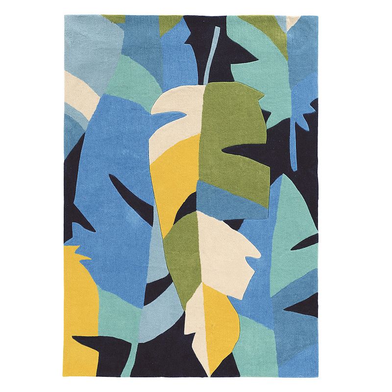 Linon Trio Tropic Leaf Rug, Blue, 5X7 Ft