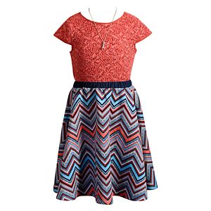 Girls 7-16 & Plus Size Emily West Lace & Chevron Dress with Necklace