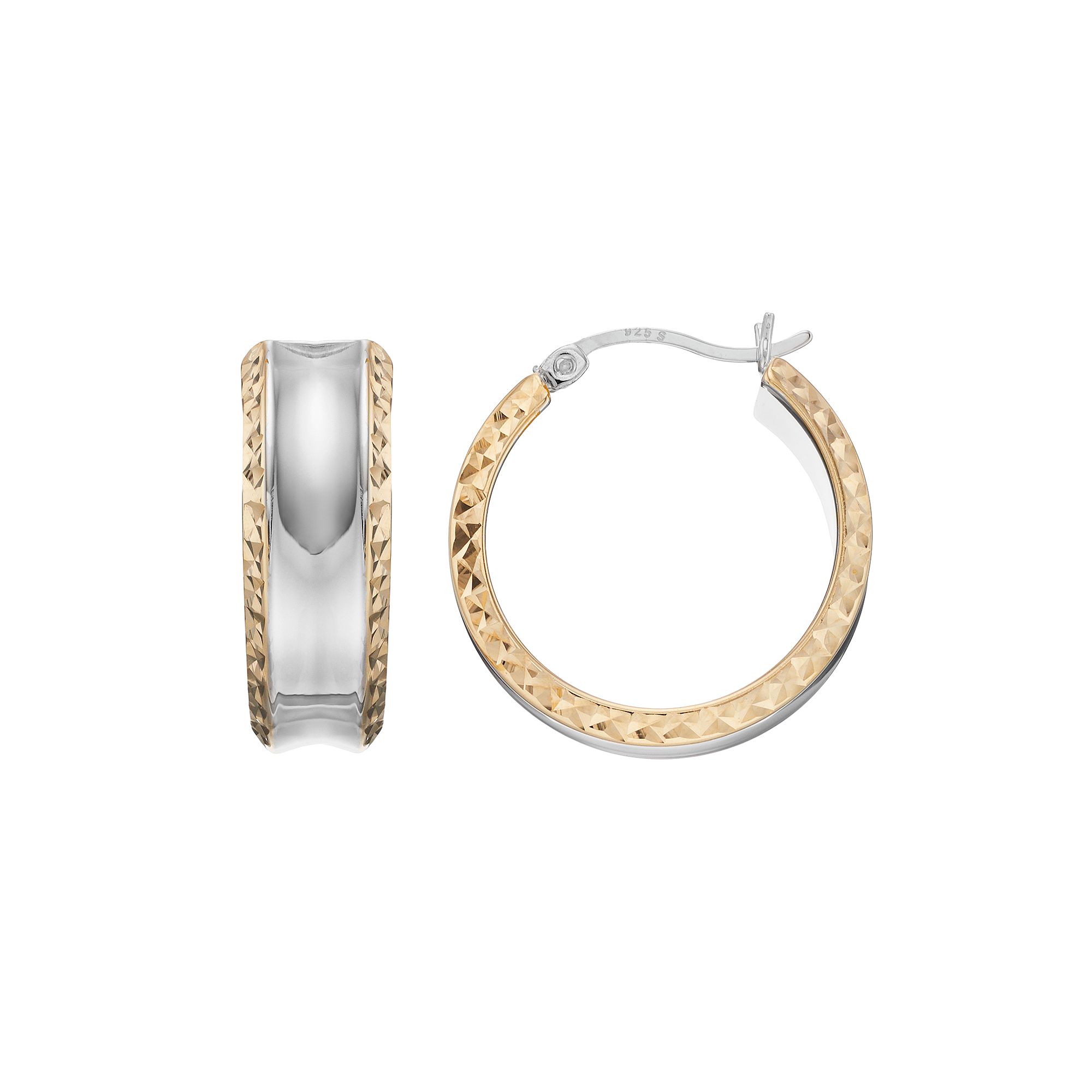 Argento Forte Two Tone Sterling Silver Textured Hoop Earrings, Womens