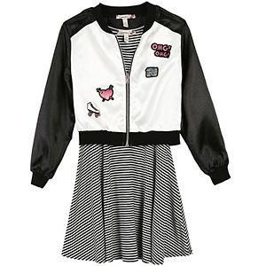 Girls 7-16 & Plus Size Speechless Patch Applique Bomber Jacket & Striped Skater Dress Set
