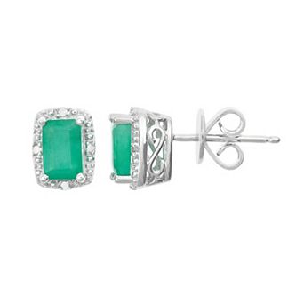 Celebration Gems Sterling Silver Emerald & Diamond Accent Rectangle Halo Stud Earrings