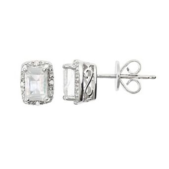 Celebration Gems Sterling Silver Moonstone & Diamond Accent Rectangle Halo Stud Earrings