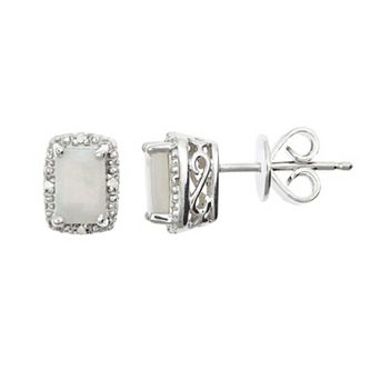 Celebration Gems Sterling Silver Opal & Diamond Accent Rectangle Halo Stud Earrings