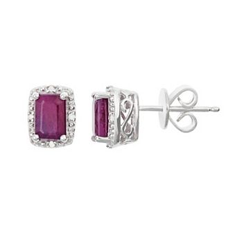 Celebration Gems Sterling Silver Ruby & Diamond Accent Rectangle Halo Stud Earrings